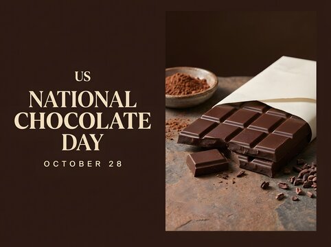 National chocolate day celebration poster with dark chocolate bar pieces and cocoa beans on table