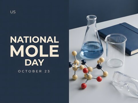 National mole day celebration with chemistry glassware and a molecular model