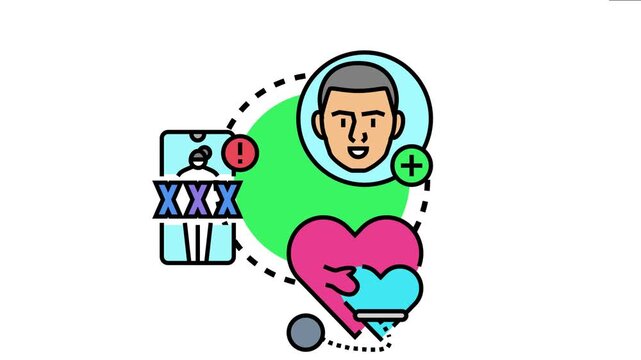User profile icon with a plus sign, a phone displaying an explicit content warning, and a heart with declining likes, personal information and online data protection