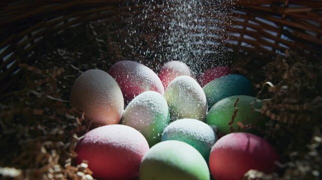 Colorful eggs rest in a woven basket. Frosty powder settles gently around the eggs. Warm light highlights the festive hues. The scene evokes springtime celebration. Ideal for Easter, holiday