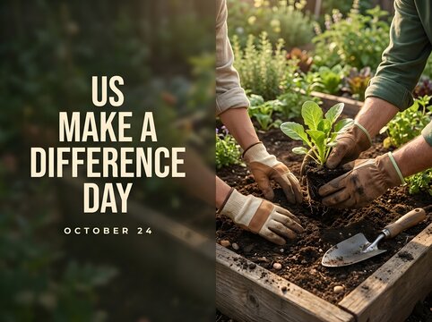 Hands planting seedlings in a garden for us make a difference day
