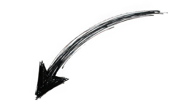 Hand drawn black ink arrow curving downwards isolated on a
