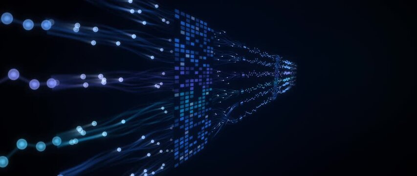 Digital data streams flow through a glowing grid into a dark virtual space