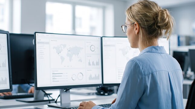 Professional woman sitting at a desk and reviewing global data displayed on multiple computer monitors in a bright office space during the busy workday