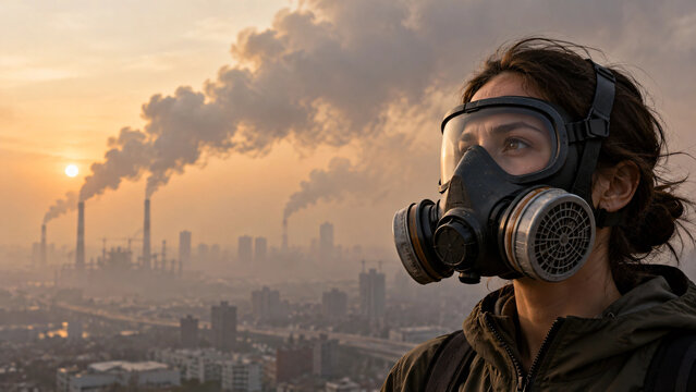 Young woman wearing a protective gas mask looking at industrial city air pollution smog