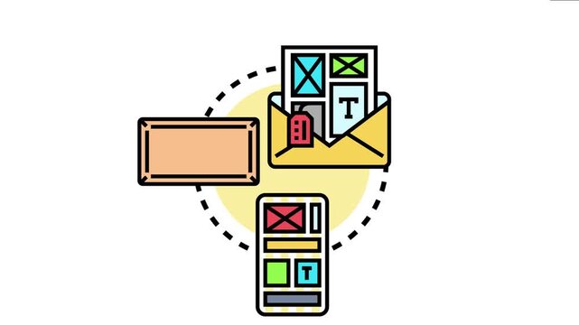 Personalized template layout elements flowing between an envelope, a web browser frame, and a mobile device screen, custom digital design options