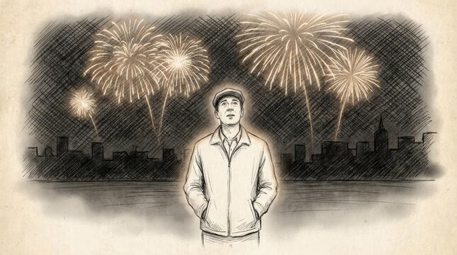 Man Watching Bright Fireworks Celebration over City Skyline