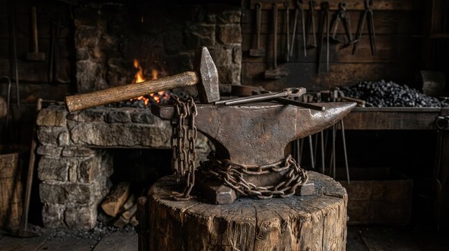 Traditional blacksmith forge with burning fire and large anvil.
