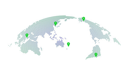Curved World Map with Green Location Pins Marking Global Destinations Across Asia, Australia and Pacific Ocean © arsalan