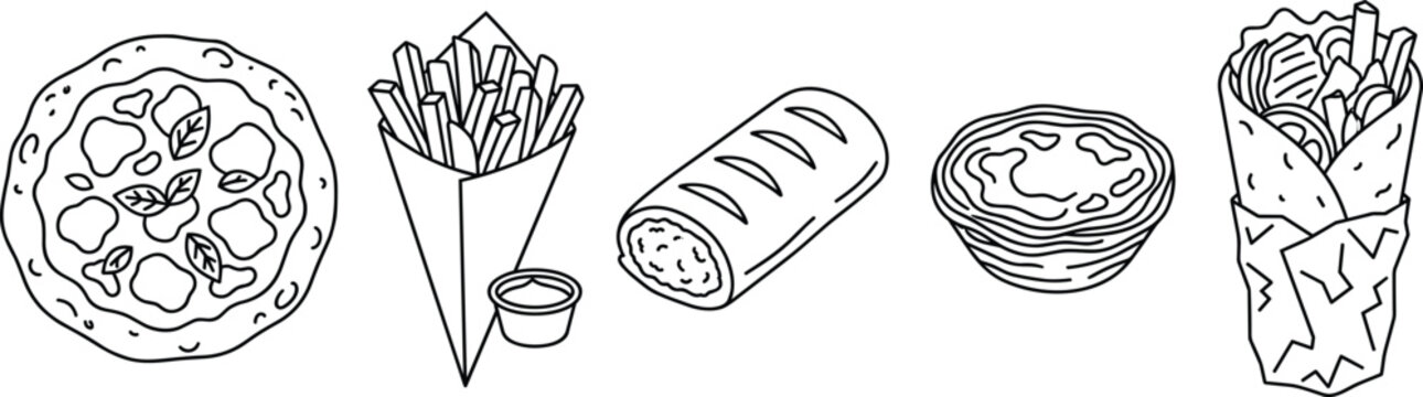 Black and White International Street Food Vector Outline Icon Set with Pizza French Fries Sausage Roll Tart and Gyros Wrap for Coloring Pages