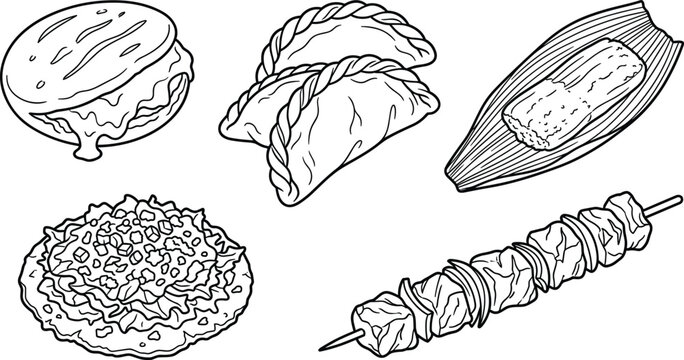 Black and White Latin American Food Vector Outline Icon Set with Arepa Empanada Tamale Tostada and Skewer Elements for Coloring Book Pages