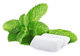 Menthol chewing gum pieces and green mint leaves isolated on white © New Africa