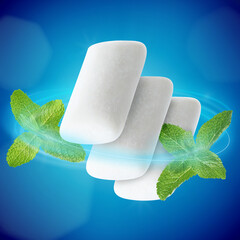 Menthol chewing gum pieces and mint leaves in air against blue background © New Africa