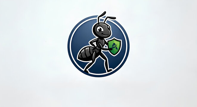 Cute black ant mascot holding a green security shield icon, generic cartoon logo design for business protection or tech branding.ant mascot, shield logo, security icon, protection emblem, generic logo