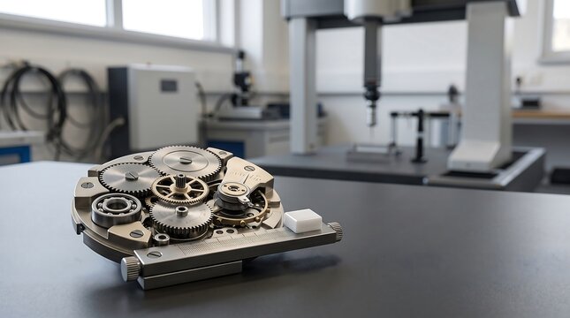 Precision engineered mechanical gear mechanism assembly resting on table inside metrology quality control laboratory with coordinate measuring machine