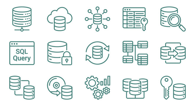 Database Icons Set: Cloud, Security, Network, SQL Query, Analytics, Backup