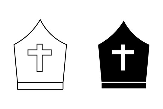 Black and white bishop mitre hat icons with christian cross symbols