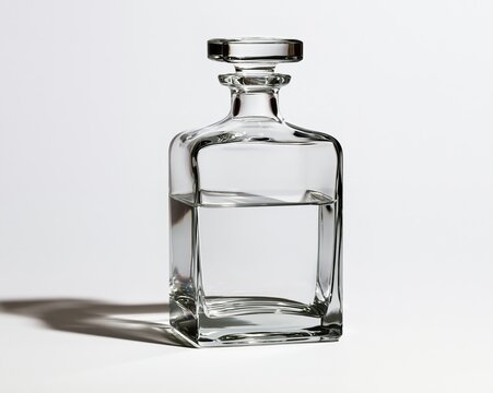 Clear glass decanter with stopper, filled halfway with liquid.