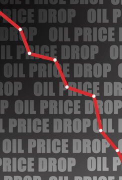 Falling oil price graph with decreasing red trend line on black typography background