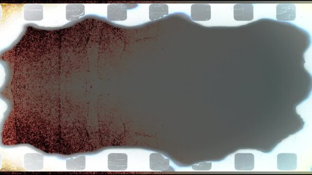 Old film frame overlay with sprocket holes and irregular wavy edge, black center fading to gray with