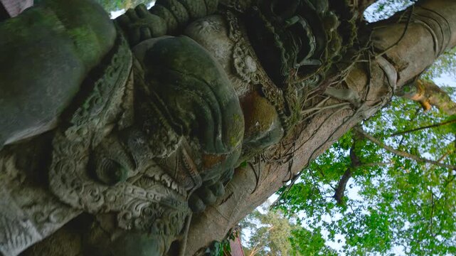 Dynamic rotating low angle view of ancient Balinese stone demon statue under jungle tree in Bali