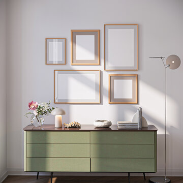 Modern Living Room Poster Frame Mockup with Natural Light and Minimalist Decoration. 3D render