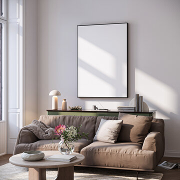 Modern Living Room Poster Frame Mockup with Natural Light and Minimalist Decoration. 3D render