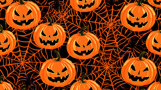 A repetitive illustration of Halloween decorations featuring pumpkins and spider webs