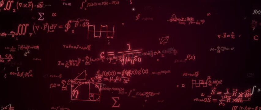 Mathematical equations drift across a dark red field in layered scientific notation