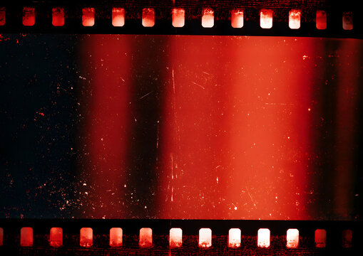 a 35mm photo film strip showing red glare, white dust, and scratches, along with strong lens vignetting. A page template in A4 format with a transparent background (PNG image)