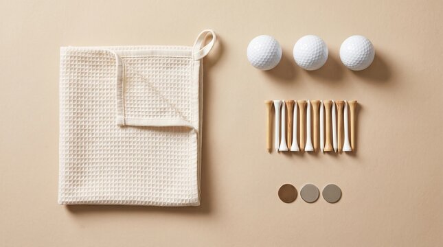 Flat lay of golf equipment including balls, wooden tees, towel, and ball markers on beige background