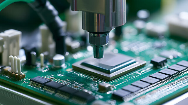 A single robotic nozzle places a processor onto a green circuit board equipped with memory chips and connectors, viewed in close-up detail against a shallow depth of field inside a high-tech facility