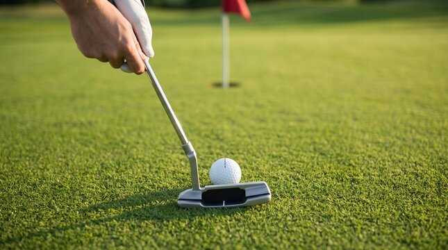 Close-Up of Golfer Putting Golf Ball into Hole on Green Course