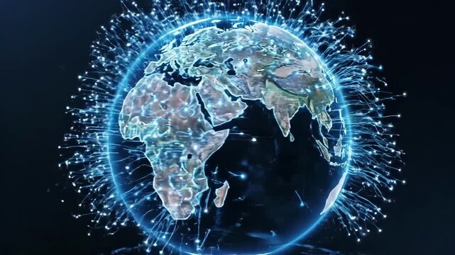 Aerial tracking shot of globe emitting glowing network connections and data streams around earth in dark virtual space