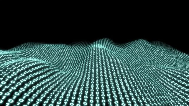 Animated data wavy field with luminous binary numbers.