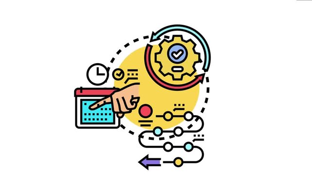 Phased implementation process moving through calendar events, development stages, and cyclical progress with task completion, representing project management and strategic rollout