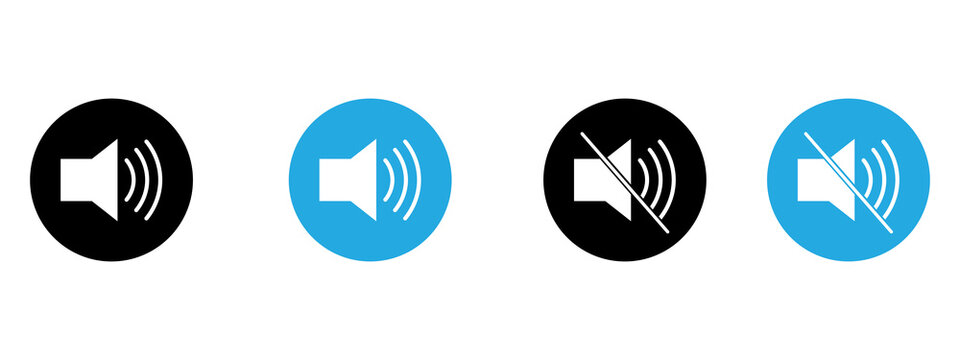 Speaker volume and mute sound icons set in black and blue circular buttons for digital interface