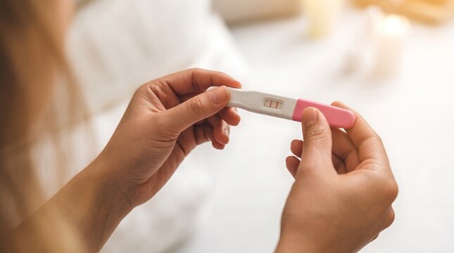 Woman holding a home pregnancy test in her hands indoors