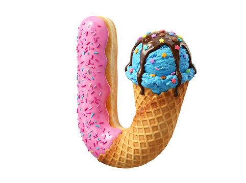 Letter u shaped like a donut and ice cream cone isolated on transparent background