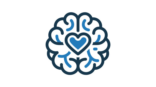 Stylized human brain icon featuring a central blue heart symbol representing mental emotional wellness