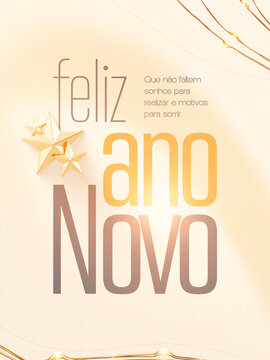 Feliz Ano Novo com Estrelas Douradas e Luzes Post Card Insta Template Banner