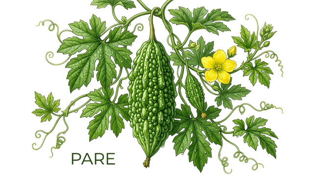 Botanical illustration of a bitter melon plant with fruit, leaves, and a yellow flower isolated on transparent background