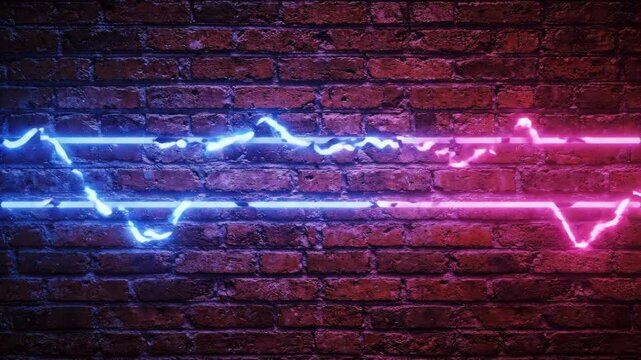 Static shot of neon light lines flickering and sparking across brick wall with electric glow in urban interior studio backdrop at night