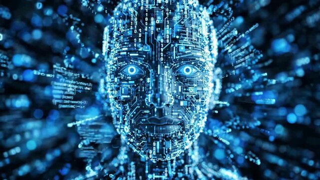Tracking shot of digital humanoid face emerging from streaming binary code in virtual data space