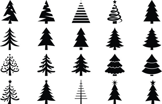 Black Silhouette Christmas Tree Icon Set Featuring Minimalist Geometric Swirl And Decorative Pine Shapes For Modern Winter Holiday Vector Graphic Designs