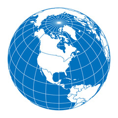 Earth globe with World map land and oceans focused on North America. Blue theme. Thick meridians and parallels as latitude and longitude grid and country borders. Vector illustration © pyty
