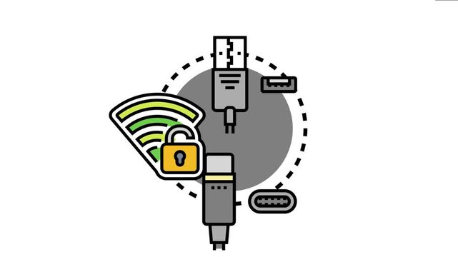 Various physical network plug types are featured alongside a wi fi signal symbol with an unlocked padlock, concepts of data connection, digital security, and internet access