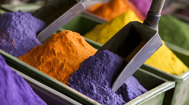 Brightly colored powders are scooped into industrial bins. Pigments in purple, orange, yellow, and green form distinct heaps. Scene: bulk material sorting and processing. Shows manufacturing stages.