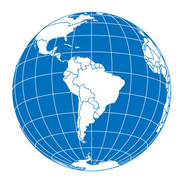 Earth globe with World map land and oceans focused on South America. Blue theme. Thick meridians and parallels as latitude and longitude grid and country borders. Country borders. Vector illustration