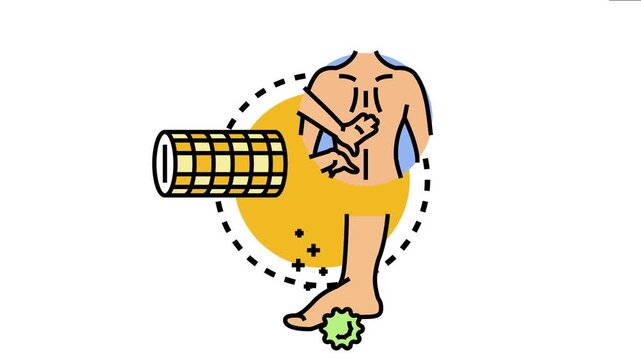 Vector depicting various elements of physical therapy, including back pain treatment, foam rolling for muscle recovery, and foot massage for discomfort and well being